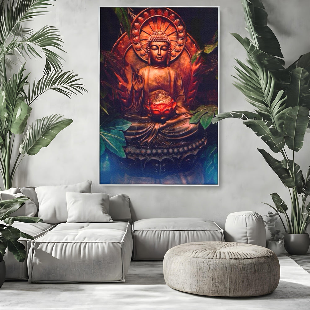 Tablou canvas cu tablou canvas cu statuie buddha in meditatie, in rama de aluminiu argintiu, pe perete intr-un living